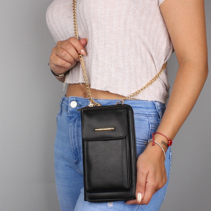 Zoozie Bags Bolsa de Teléfono de Cuero Negra con Billetera y Correa de Cadena Zoozie Bags Bolsa de Teléfono de Cuero Negra con Billetera y Correa de Cadena